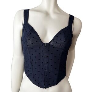 White Fox Corset Top Navy Blue Polka Dot Mesh Hook Eye Coquette Baddie Size S